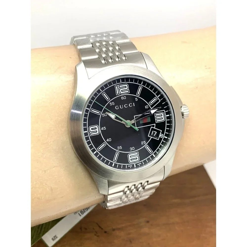 Gucci Men's Watch YA126201 G-Timeless Swiss Quartz Black Dial Silver Steel 44mm